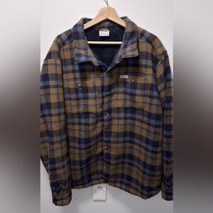 Columbia Plaid Fleece Lined Sweater Jacket - XL - Navy/Yellow